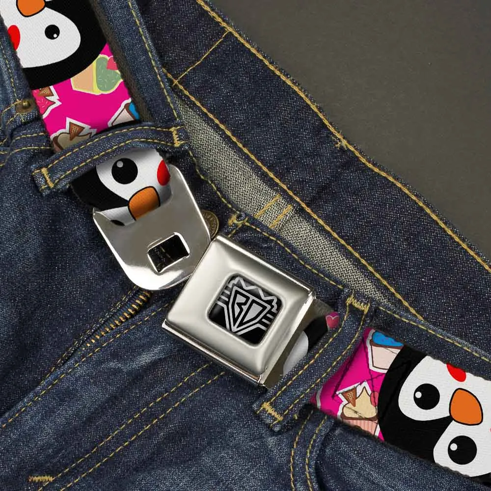 BD Wings Logo CLOSE-UP Full Color Black Silver Seatbelt Belt - Penguins w/Cupcakes Fuchsia/Multi Color Webbing