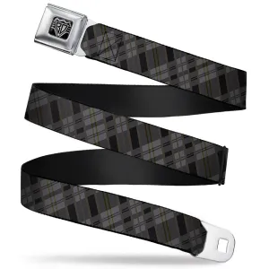 BD Wings Logo CLOSE-UP Full Color Black Silver Seatbelt Belt - Plaid Gray/Black/Brown Webbing