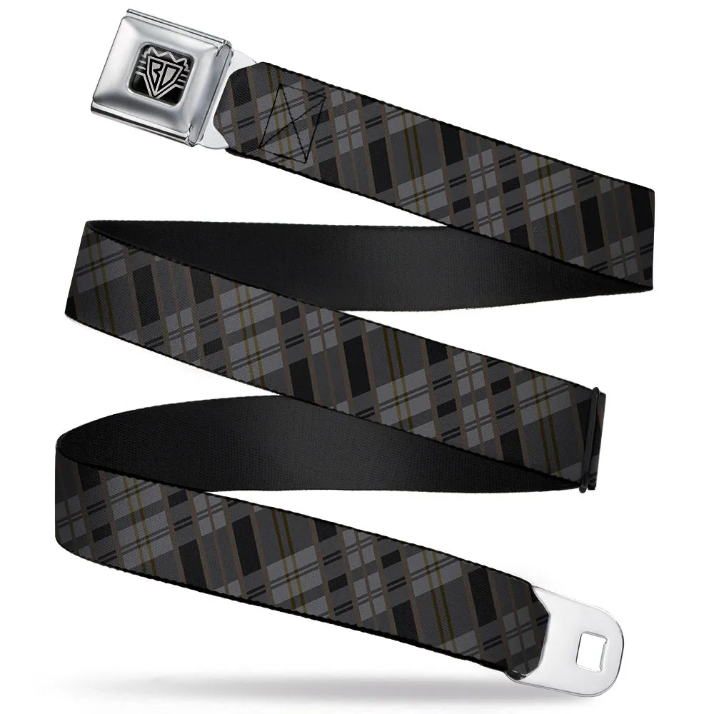 BD Wings Logo CLOSE-UP Full Color Black Silver Seatbelt Belt - Plaid Gray/Black/Brown Webbing