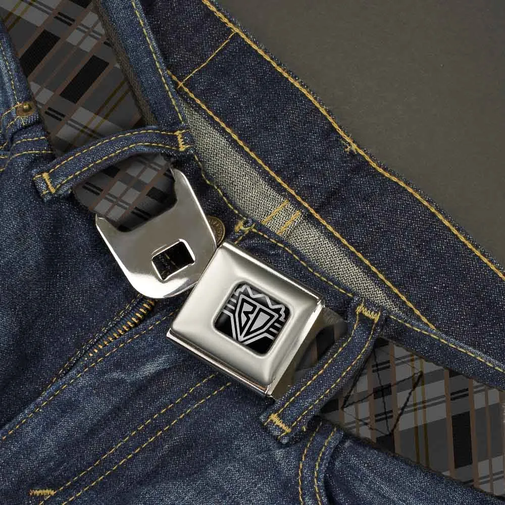 BD Wings Logo CLOSE-UP Full Color Black Silver Seatbelt Belt - Plaid Gray/Black/Brown Webbing