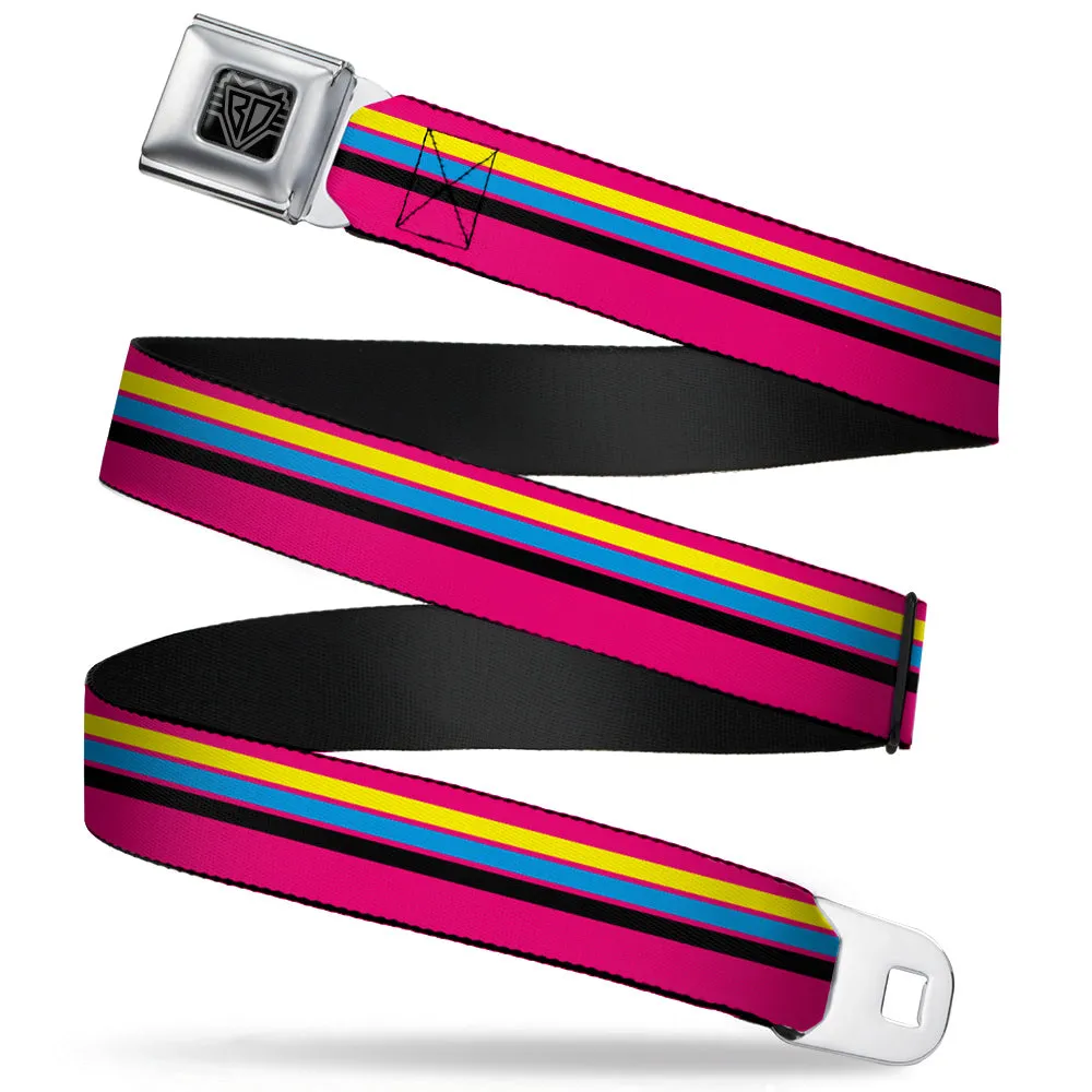 BD Wings Logo CLOSE-UP Full Color Black Silver Seatbelt Belt - Racing Stripes Pink/Yellow/Blue/Black Webbing