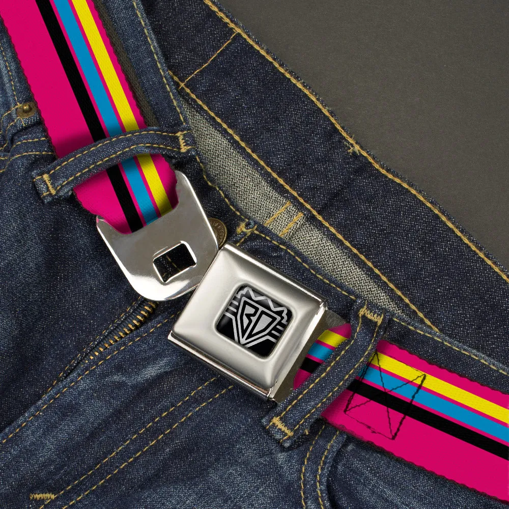 BD Wings Logo CLOSE-UP Full Color Black Silver Seatbelt Belt - Racing Stripes Pink/Yellow/Blue/Black Webbing
