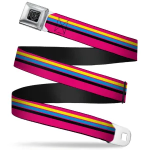 BD Wings Logo CLOSE-UP Full Color Black Silver Seatbelt Belt - Racing Stripes Pink/Yellow/Blue/Black Webbing