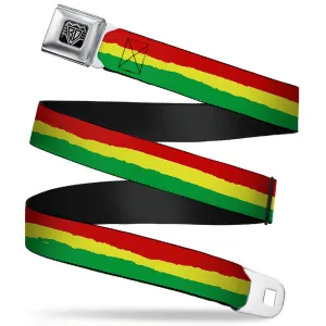 BD Wings Logo CLOSE-UP Full Color Black Silver Seatbelt Belt - Rasta Stripes Painted Green/Yellow/Red Webbing