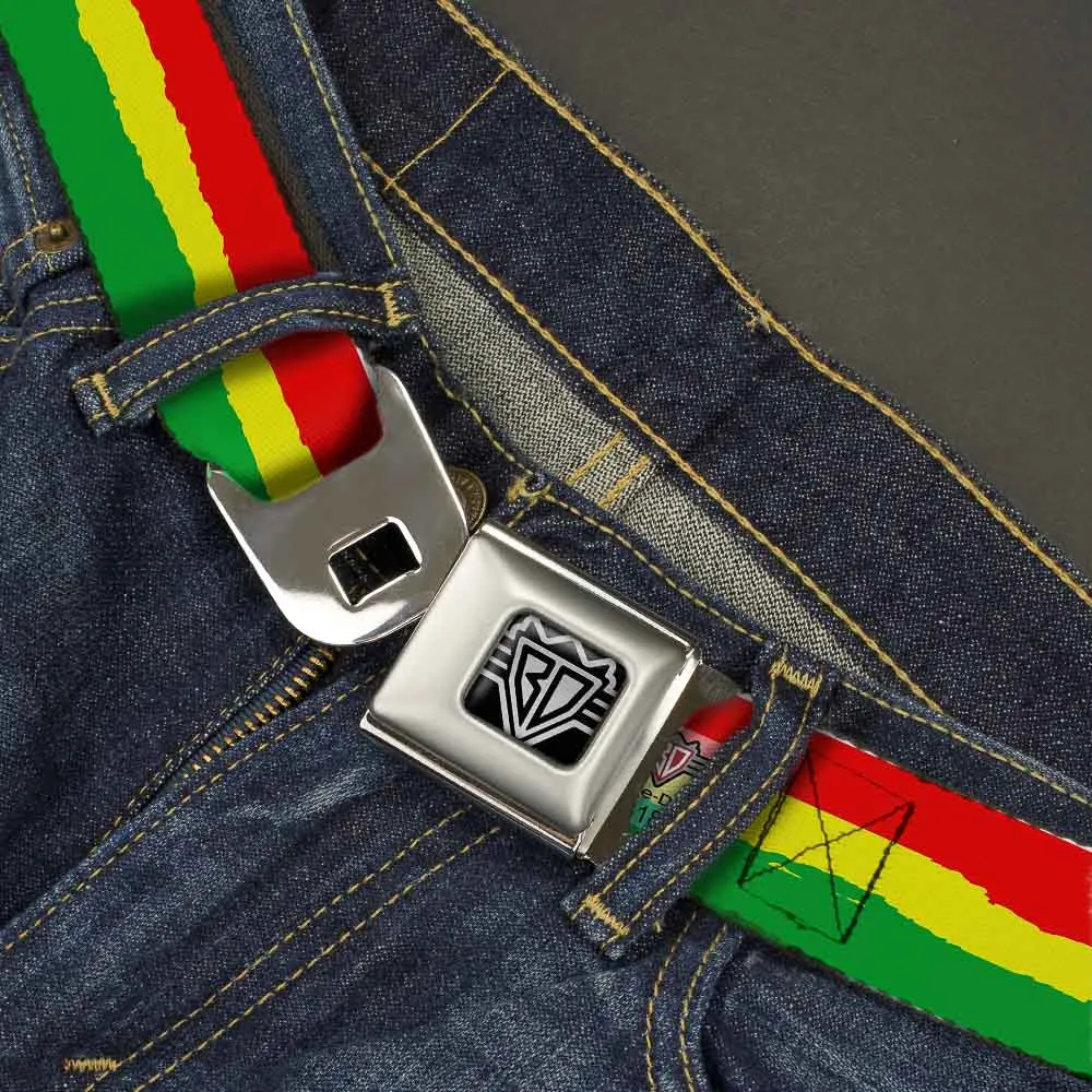 BD Wings Logo CLOSE-UP Full Color Black Silver Seatbelt Belt - Rasta Stripes Painted Green/Yellow/Red Webbing