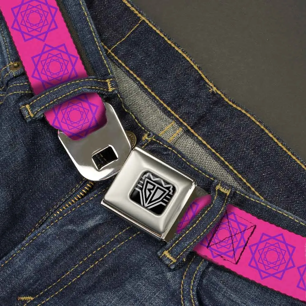 BD Wings Logo CLOSE-UP Full Color Black Silver Seatbelt Belt - Rotating Squares Pink/Purple Webbing