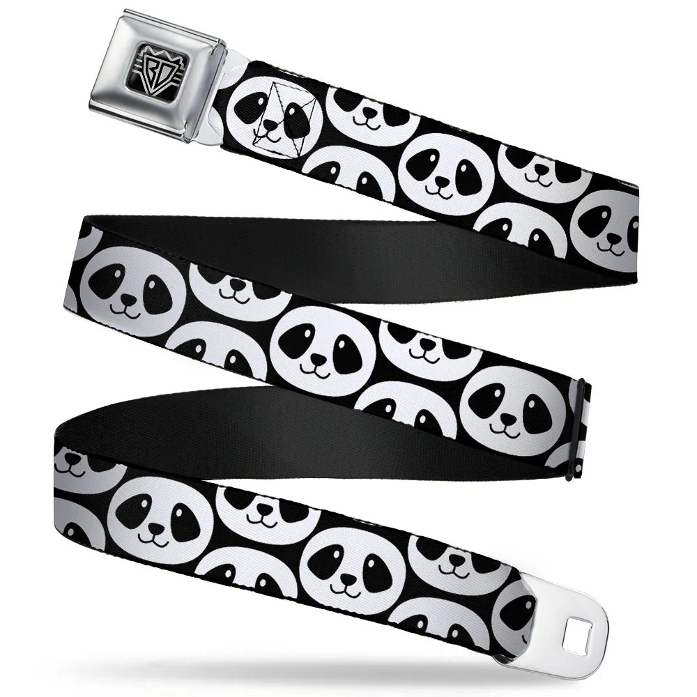 BD Wings Logo CLOSE-UP Full Color Black Silver Seatbelt Belt - Smiling Panda Repeat Black/White Webbing