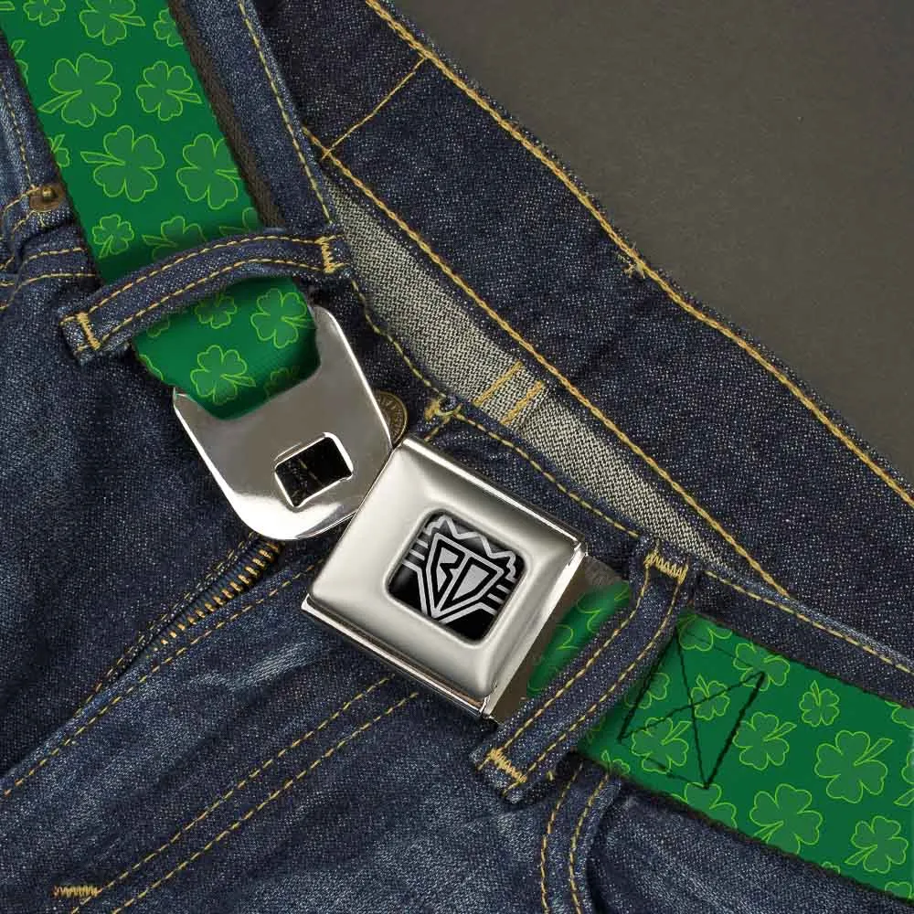 BD Wings Logo CLOSE-UP Full Color Black Silver Seatbelt Belt - St. Pat's Clovers Scattered Greens Webbing