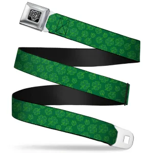 BD Wings Logo CLOSE-UP Full Color Black Silver Seatbelt Belt - St. Pat's Clovers Scattered Greens Webbing