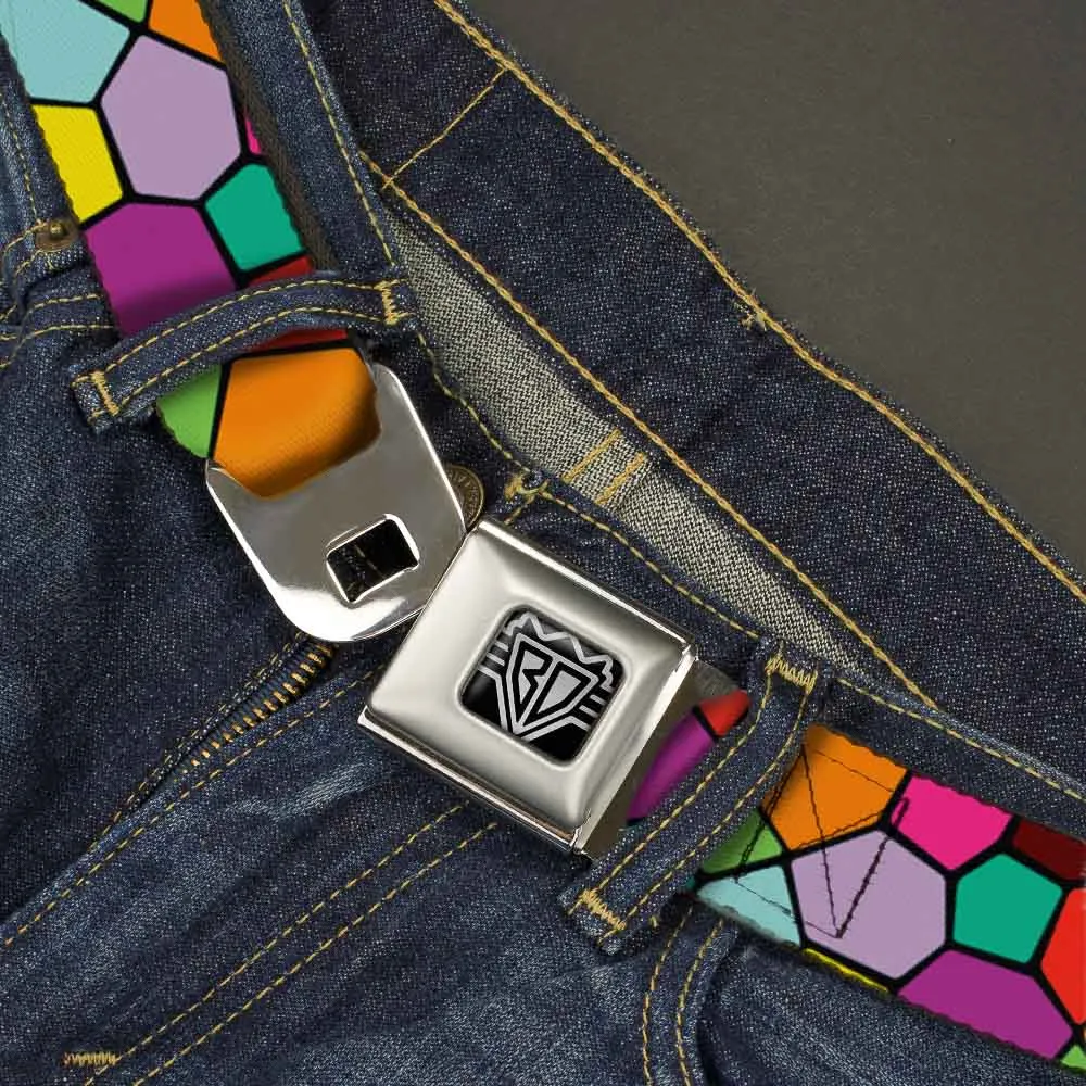 BD Wings Logo CLOSE-UP Full Color Black Silver Seatbelt Belt - Stained Glass Mosaic2 Multi Color/Navy Webbing