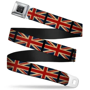 BD Wings Logo CLOSE-UP Full Color Black Silver Seatbelt Belt - United Kingdom Flags Vintage Black Webbing