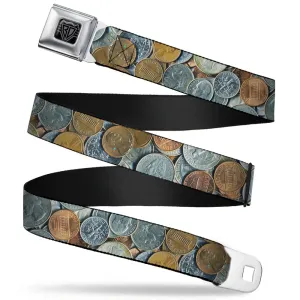 BD Wings Logo CLOSE-UP Full Color Black Silver Seatbelt Belt - US Coins Stacked Webbing
