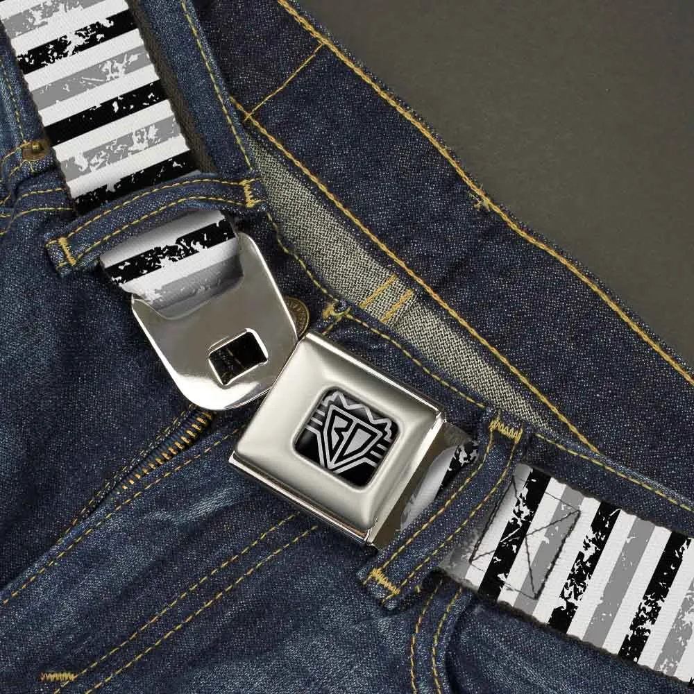 BD Wings Logo CLOSE-UP Full Color Black Silver Seatbelt Belt - Vertical Stripes White/Black/Gray Webbing