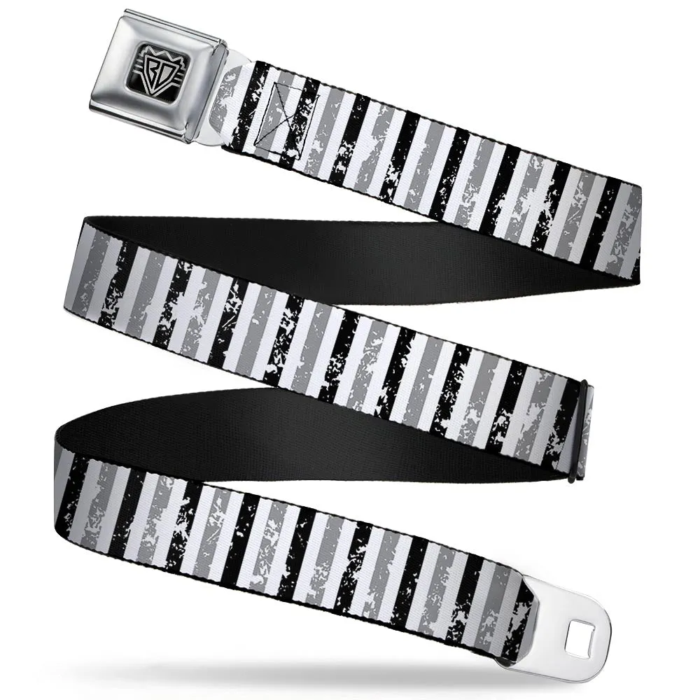 BD Wings Logo CLOSE-UP Full Color Black Silver Seatbelt Belt - Vertical Stripes White/Black/Gray Webbing