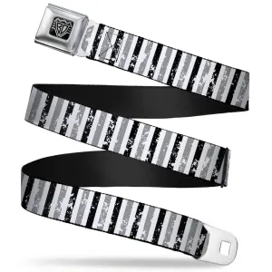 BD Wings Logo CLOSE-UP Full Color Black Silver Seatbelt Belt - Vertical Stripes White/Black/Gray Webbing