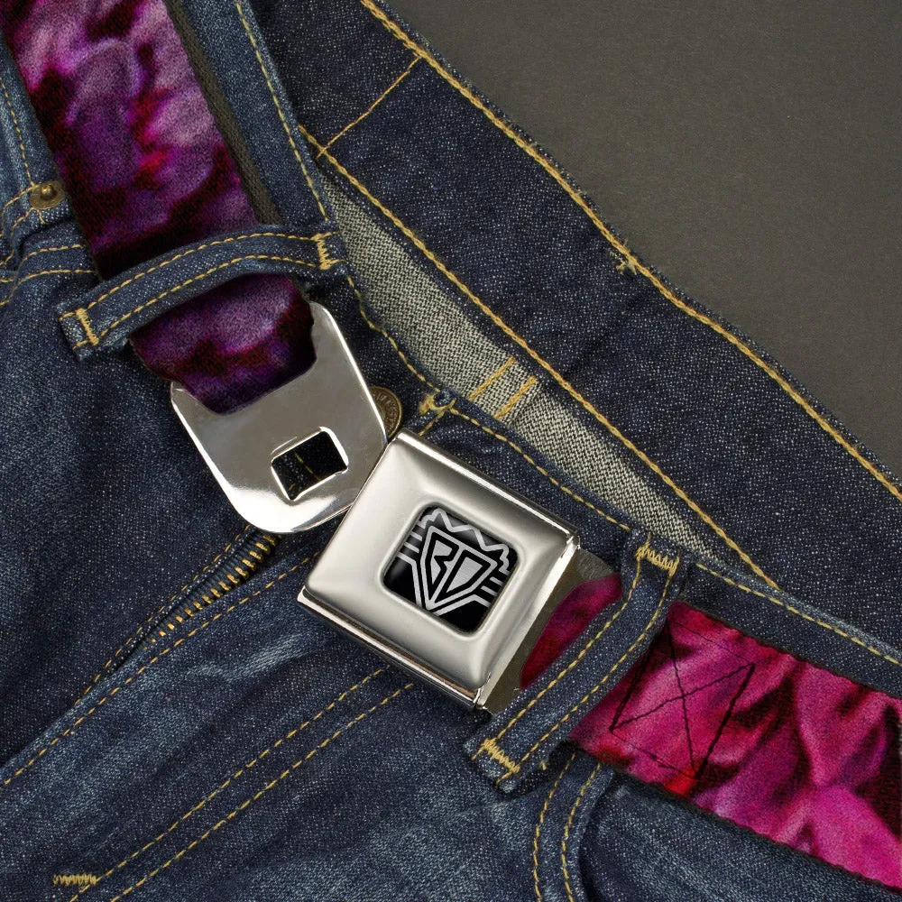 BD Wings Logo CLOSE-UP Full Color Black Silver Seatbelt Belt - Vivid Floral Collage Pinks Webbing