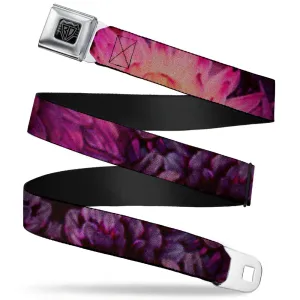 BD Wings Logo CLOSE-UP Full Color Black Silver Seatbelt Belt - Vivid Floral Collage Pinks Webbing
