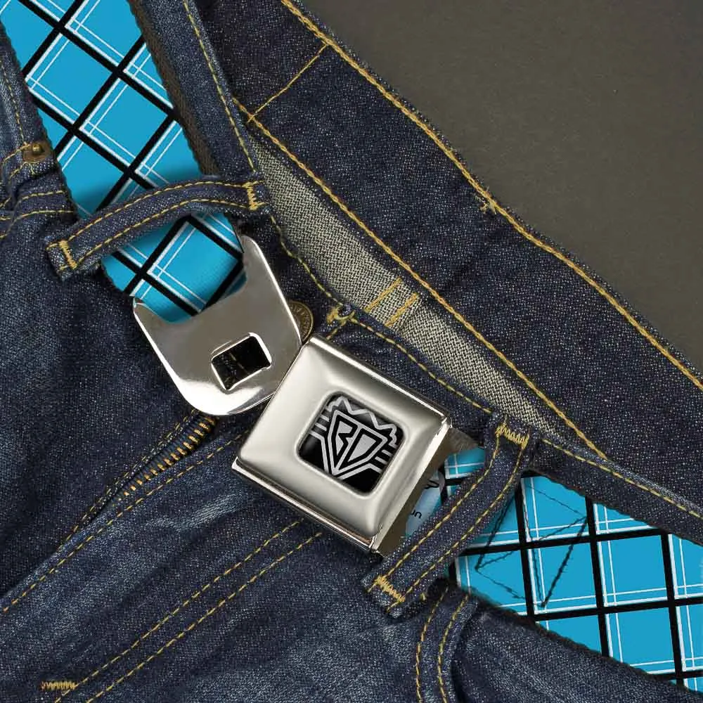 BD Wings Logo CLOSE-UP Full Color Black Silver Seatbelt Belt - Wire Grid Baby Blue Black/White Webbing