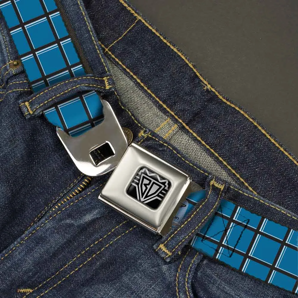 BD Wings Logo CLOSE-UP Full Color Black Silver Seatbelt Belt - Wire Grid Turquoise/Gray/White Webbing