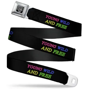 BD Wings Logo CLOSE-UP Full Color Black Silver Seatbelt Belt - YOUNG WILD AND FREE Outline Black/Multi Neon Webbing