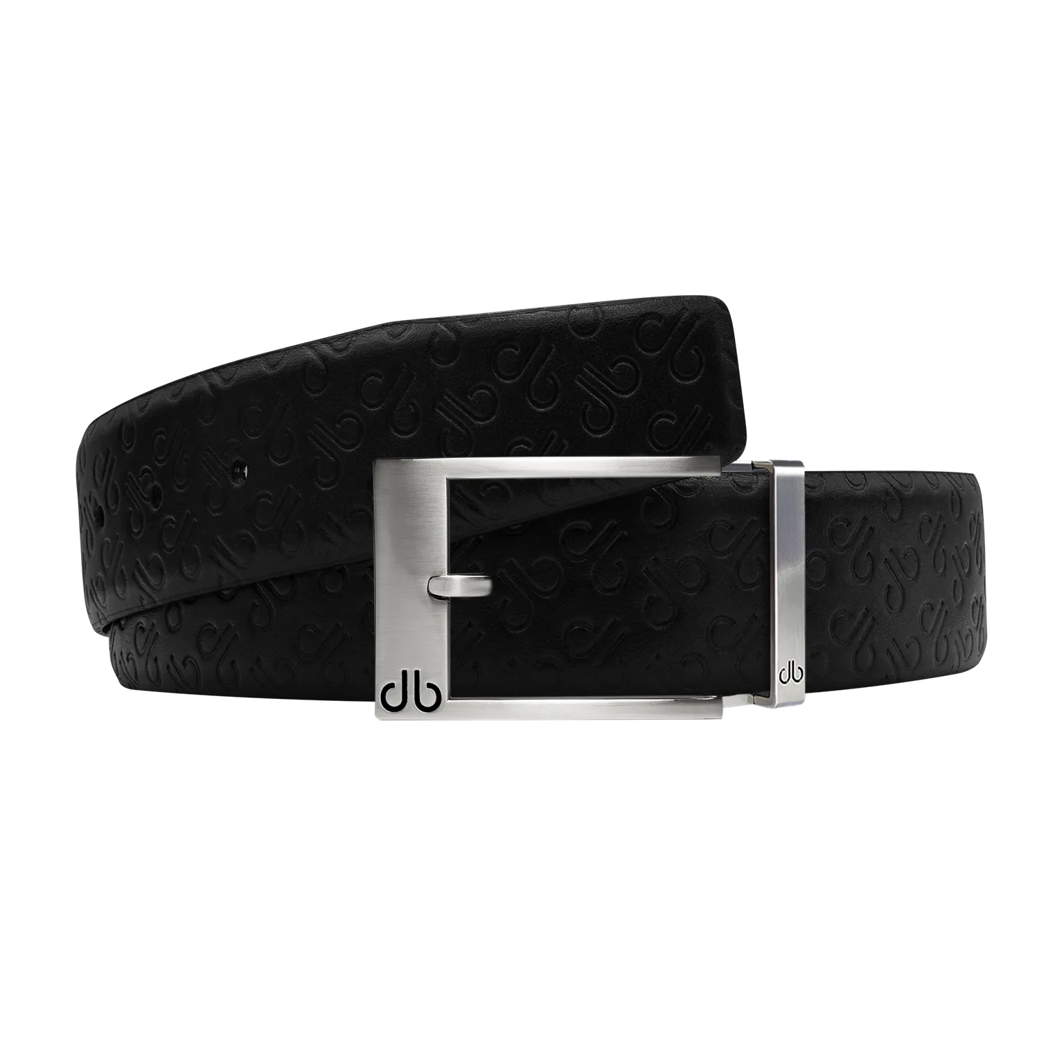 Black Db Icon Pattern Embossed Leather Belt With Silver Classic Prong Buckle