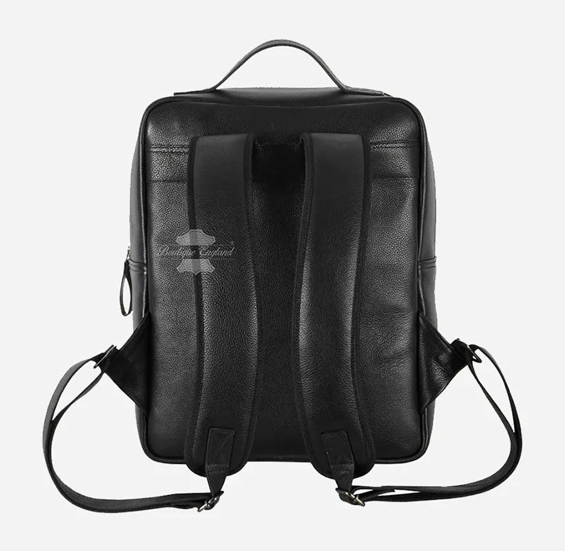 Black Leather Laptop Backpack - Large Capacity College School Bag