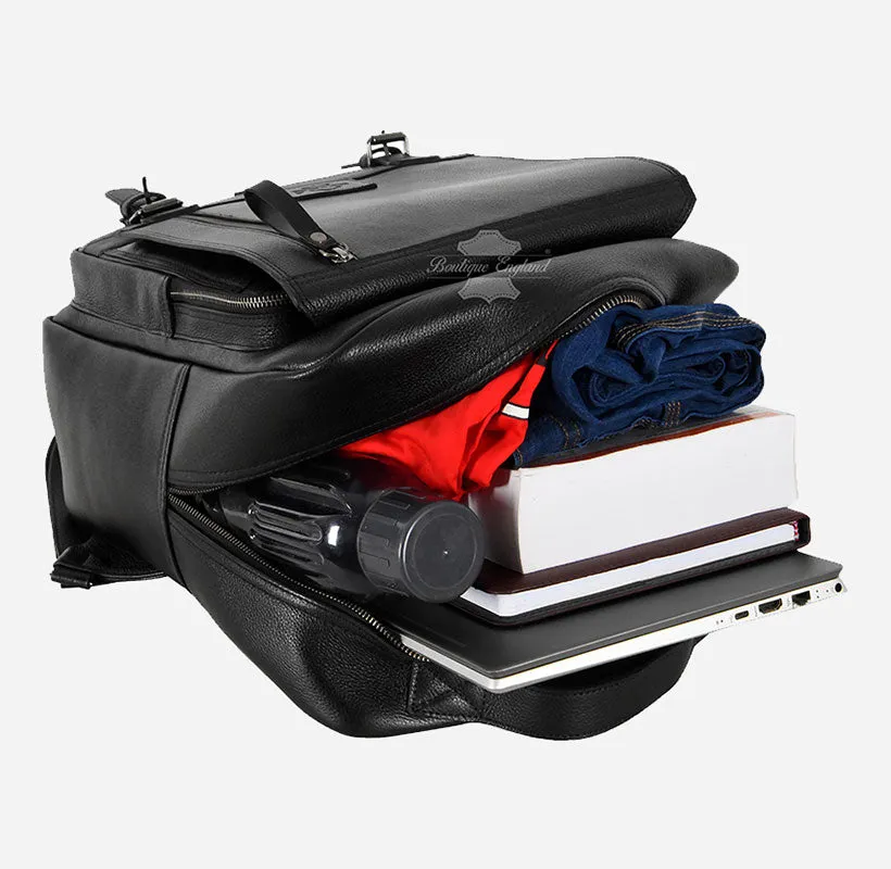 Black Leather Laptop Backpack - Large Capacity College School Bag
