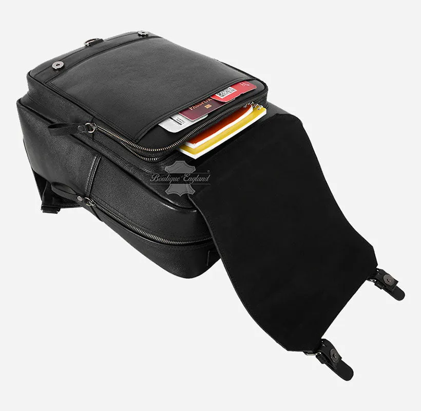 Black Leather Laptop Backpack - Large Capacity College School Bag