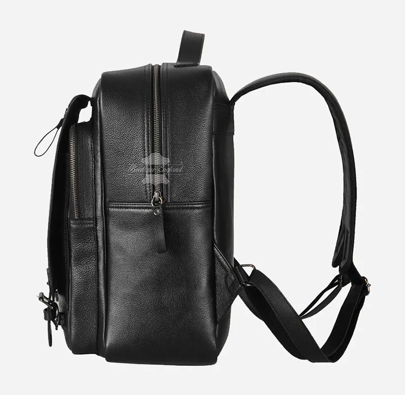 Black Leather Laptop Backpack - Large Capacity College School Bag