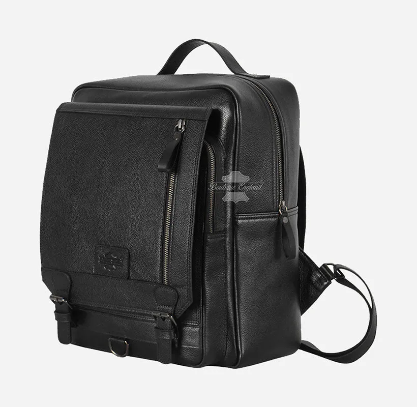 Black Leather Laptop Backpack - Large Capacity College School Bag