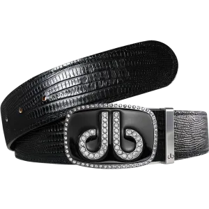 Black Lizard Texture Leather Belt with Black Diamante Buckle