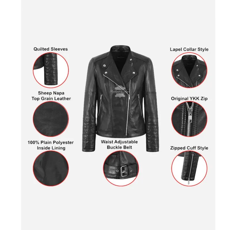 CHIC Ladies Biker Leather Jacket Lapel Collar Black Leather Jacket