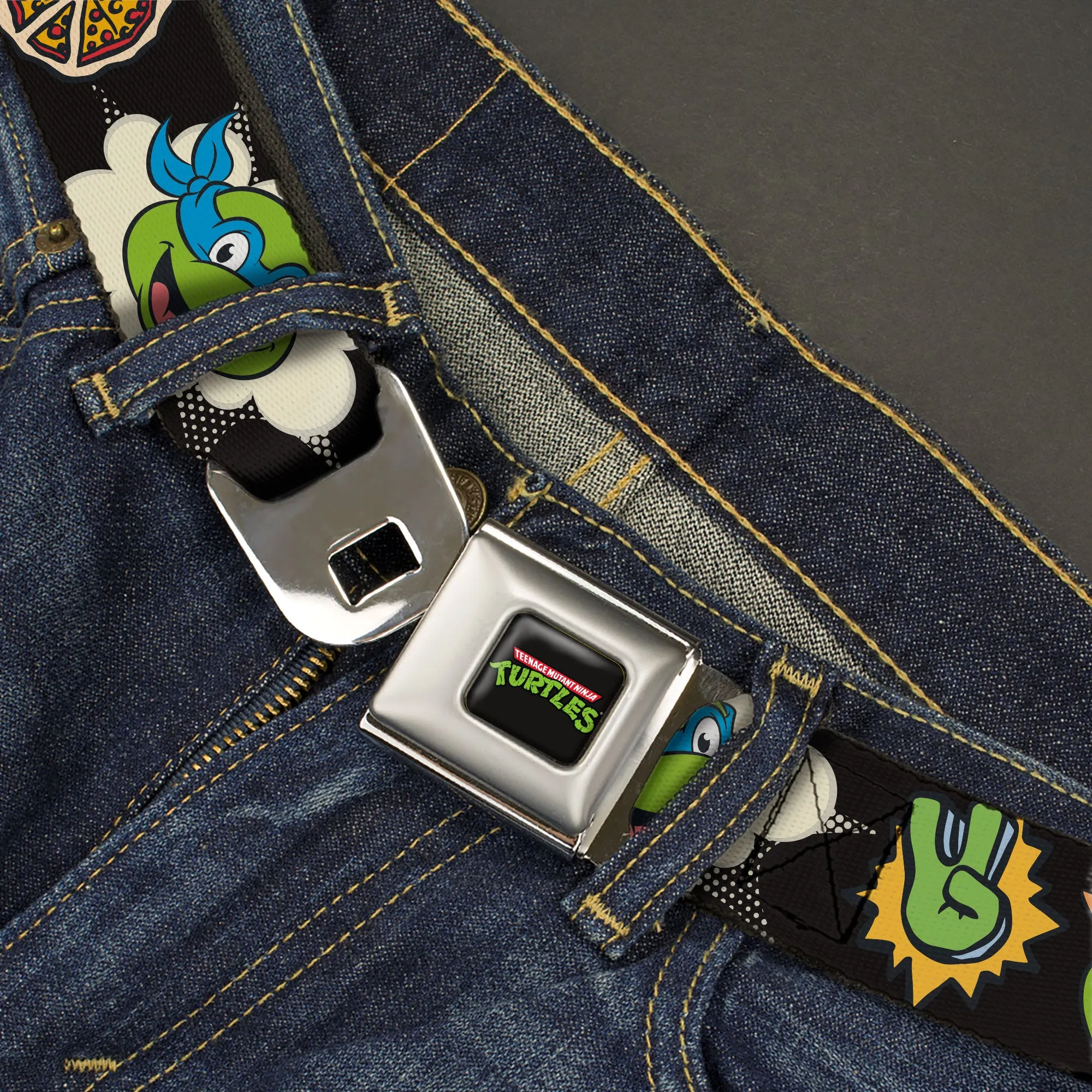 Classic TEENAGE MUTANT NINJA TURTLES Logo Seatbelt Belt - Teenage Mutant Ninja Turtles Faces and Icons Black/Multi Color Webbing