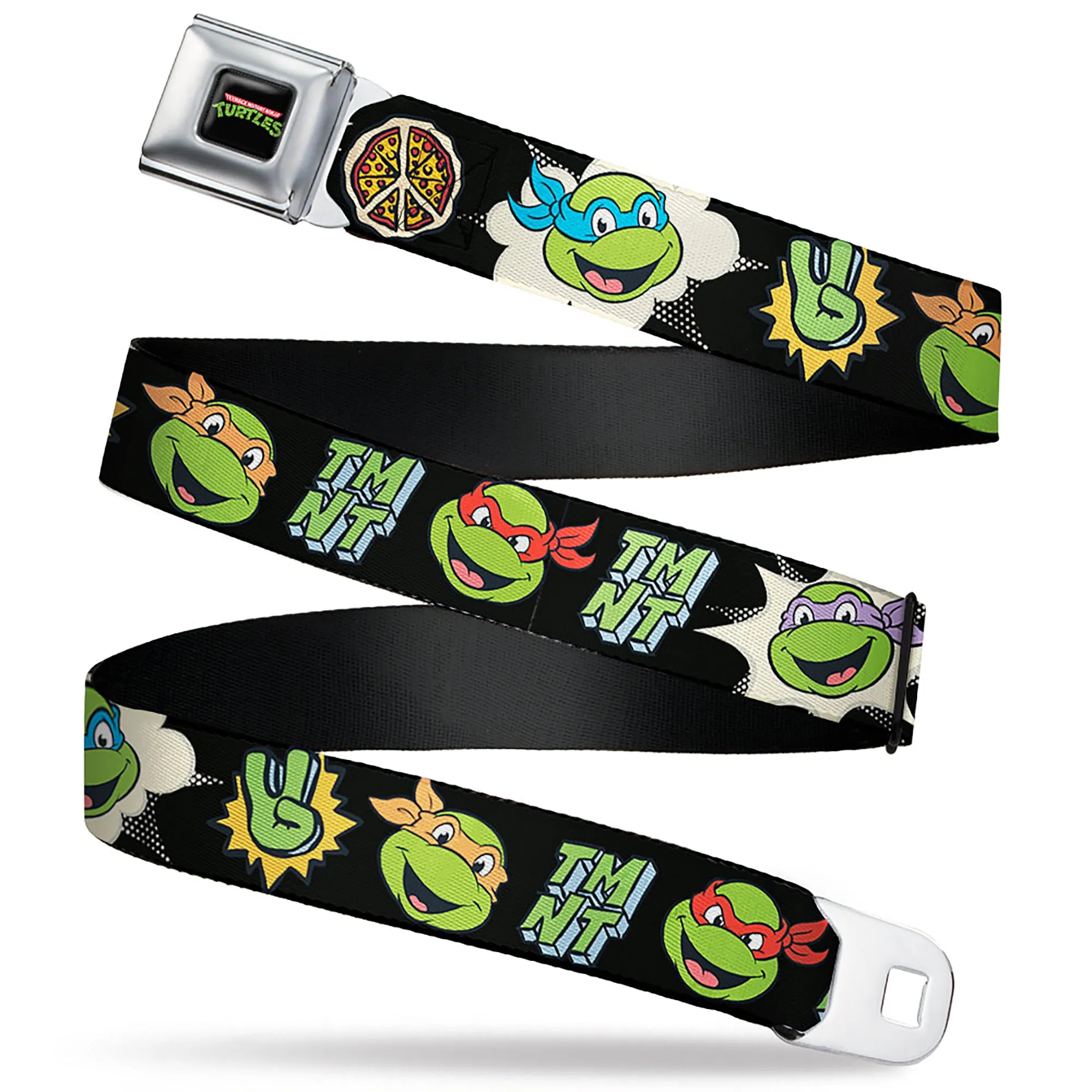 Classic TEENAGE MUTANT NINJA TURTLES Logo Seatbelt Belt - Teenage Mutant Ninja Turtles Faces and Icons Black/Multi Color Webbing