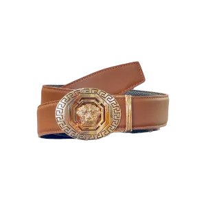 Cognac Men's Leathers Belt Lion Head Greek Key Gold Buckle