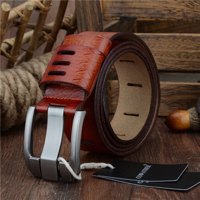 Cow genuine luxury leather men belts pin buckle