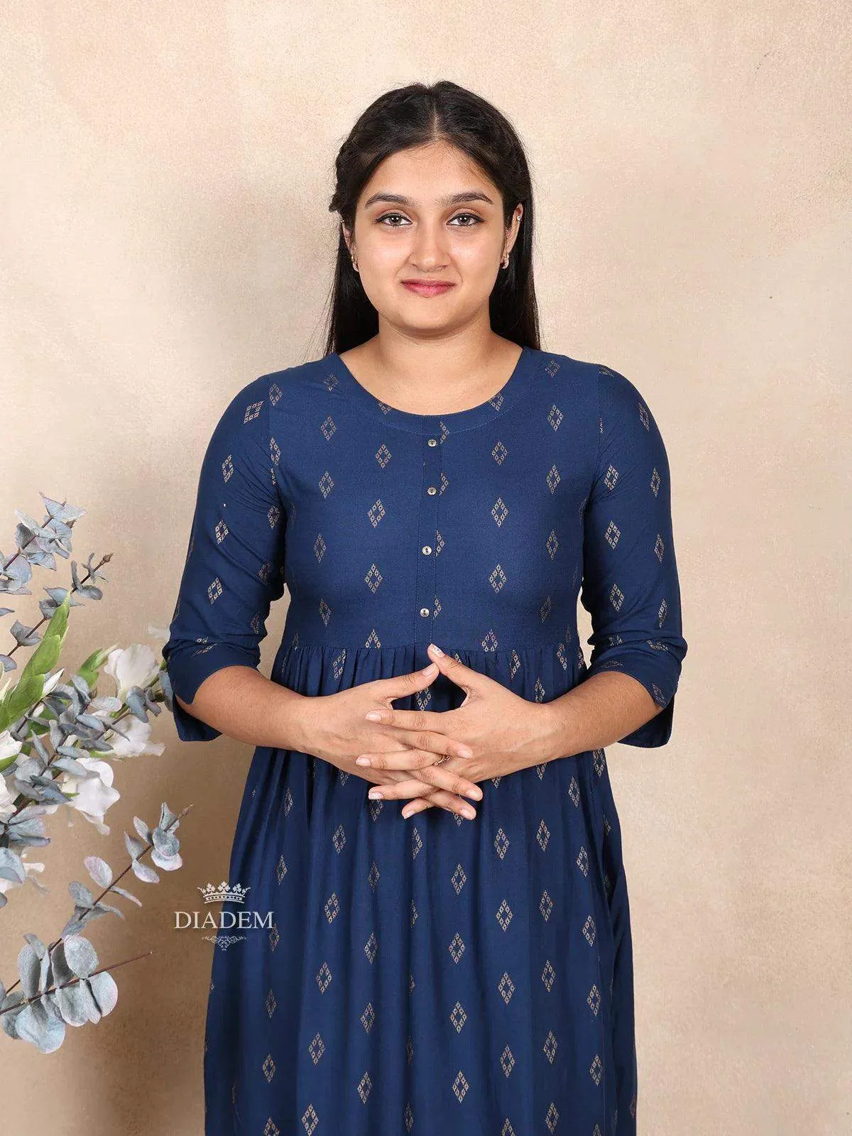 Dark Blue Cotton Kurti Adorned with Design Prints