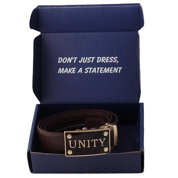 FEDEY Mens Classic Ratchet Leather Belt with UNITY Statement Buckle