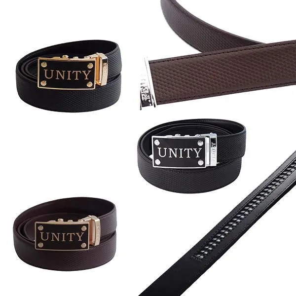 FEDEY Mens Classic Ratchet Leather Belt with UNITY Statement Buckle