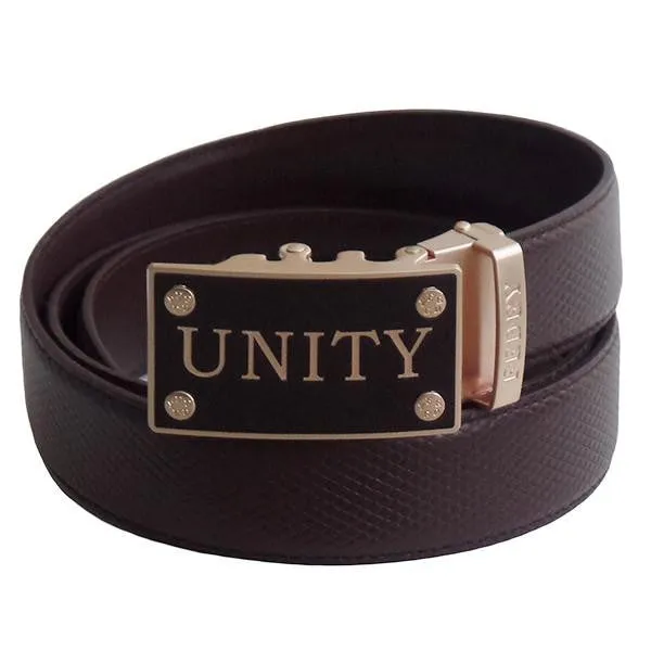 FEDEY Mens Classic Ratchet Leather Belt with UNITY Statement Buckle