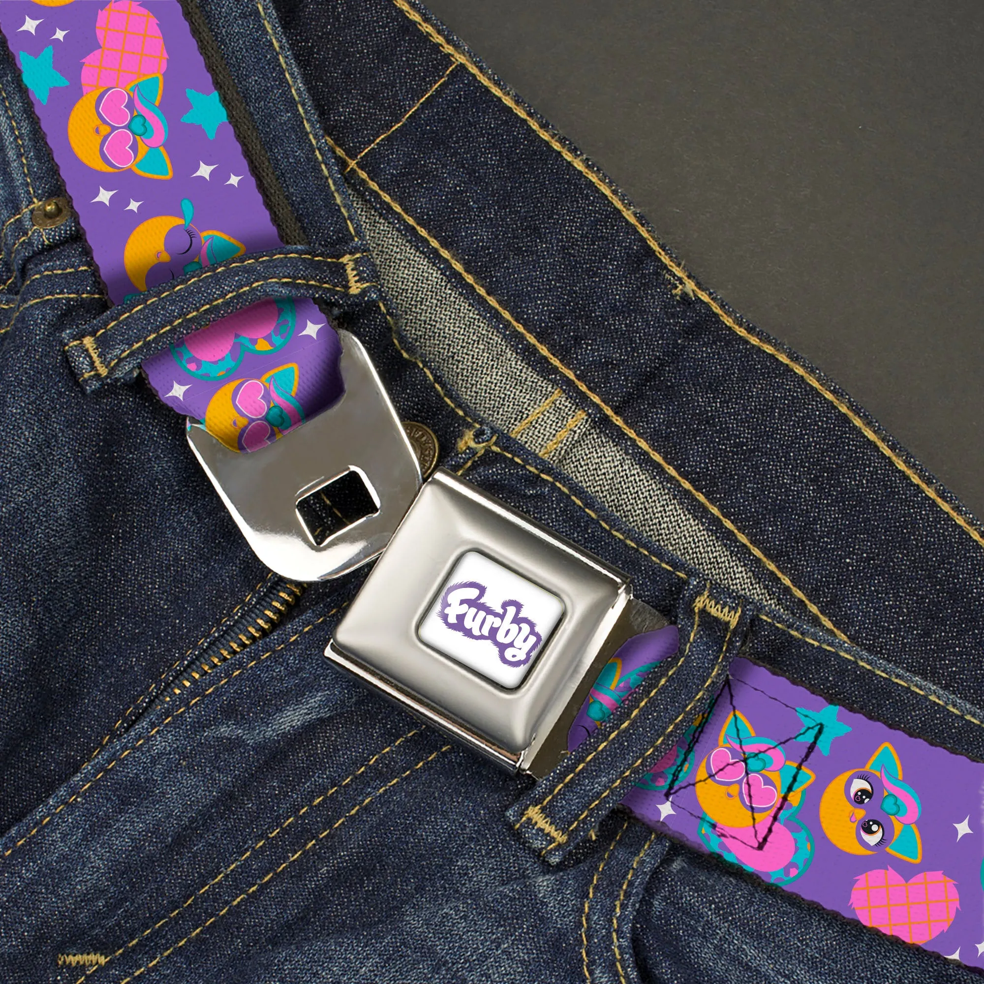FURBY Title Logo Full Color White/Purple Seatbelt Belt - Fuby Furbmojis and Icons Collage Purple/Blues/Pinks Webbing