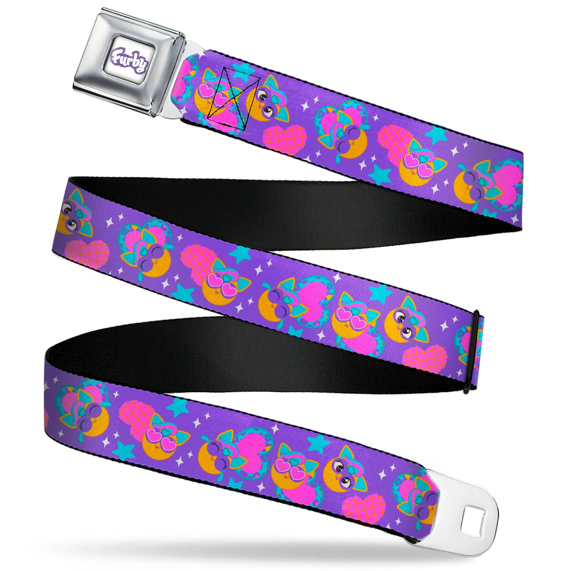 FURBY Title Logo Full Color White/Purple Seatbelt Belt - Fuby Furbmojis and Icons Collage Purple/Blues/Pinks Webbing