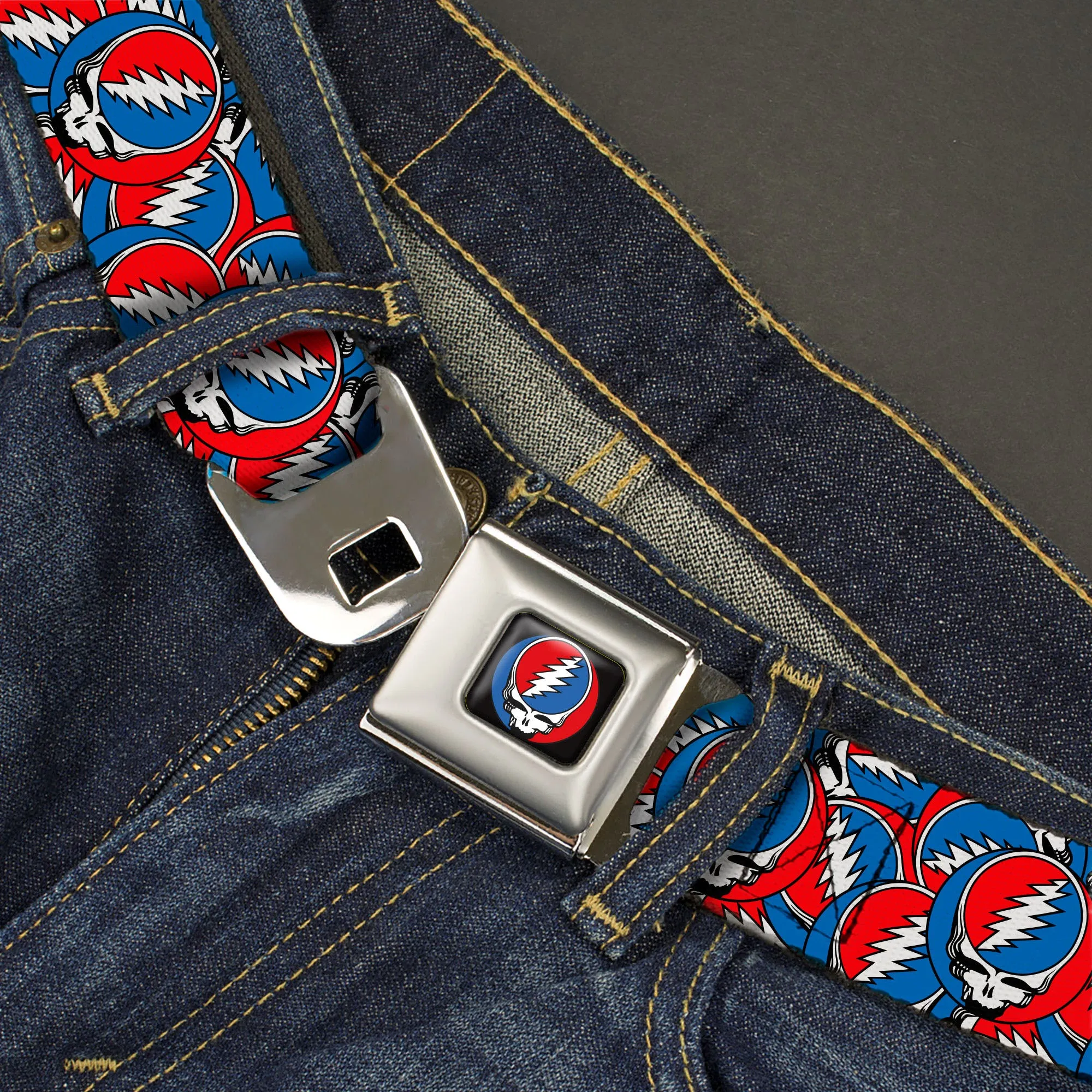 Grateful Dead Steal Your Face Logo Full Color Black/Red/White/Blue Seatbelt Belt - Grateful Dead Steal Your Face Logo Stacked Red/White/Blue Webbing