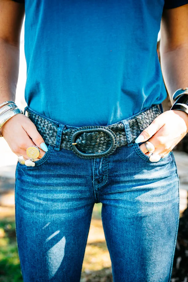 Leather Plaited Belt - Navy