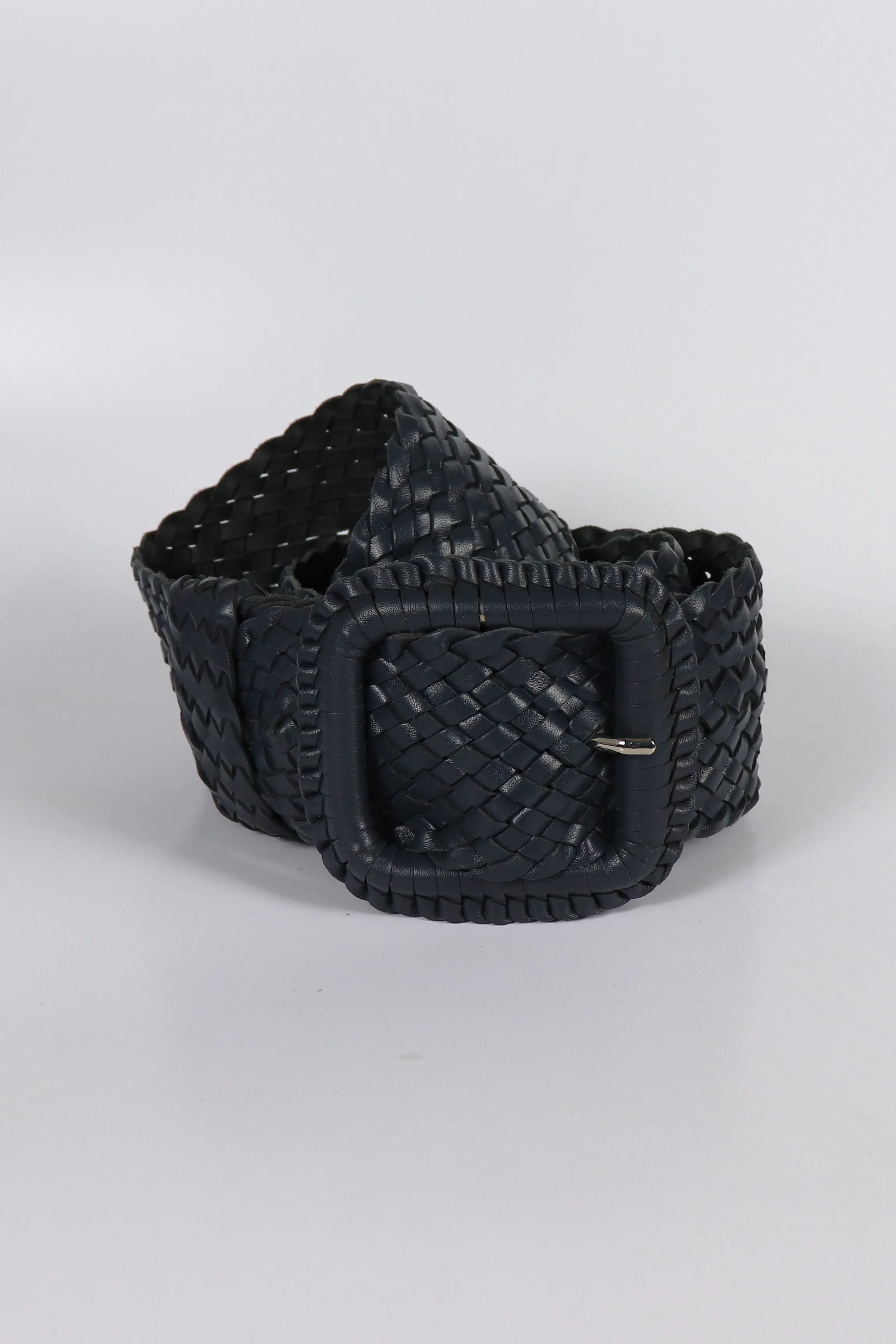 Leather Plaited Belt - Navy