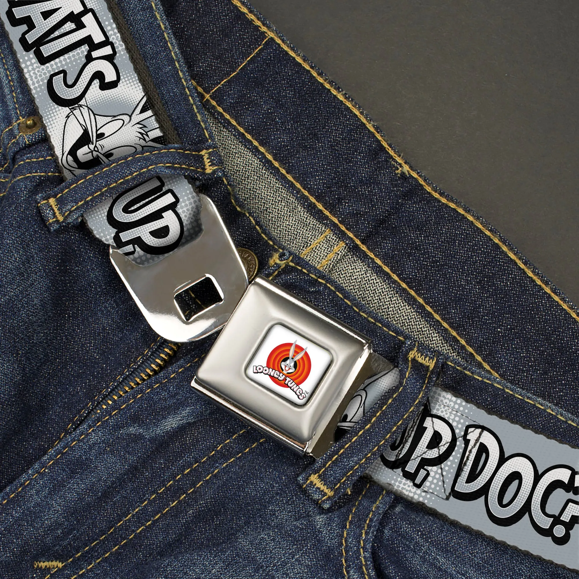 LOONEY TUNES Bullseye Title Logo Full Color White Seatbelt Belt - Bugs Bunny WHAT'S UP DOC? Pose and Text Grays Webbing
