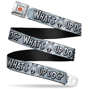 LOONEY TUNES Bullseye Title Logo Full Color White Seatbelt Belt - Bugs Bunny WHAT'S UP DOC? Pose and Text Grays Webbing
