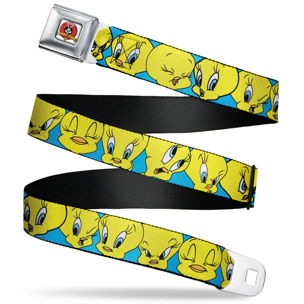 Looney Tunes Logo Full Color White Seatbelt Belt - Tweety Bird CLOSE-UP Expressions Baby Blue Webbing