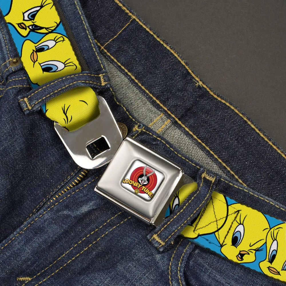 Looney Tunes Logo Full Color White Seatbelt Belt - Tweety Bird CLOSE-UP Expressions Baby Blue Webbing