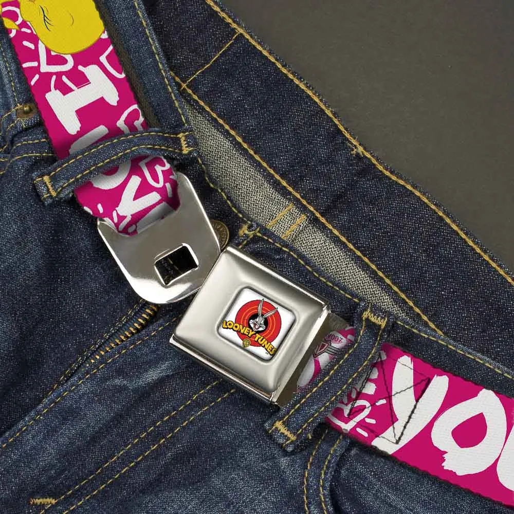 Looney Tunes Logo Full Color White Seatbelt Belt - Tweety Bird I LOVE YOU Fuchsia/White Webbing